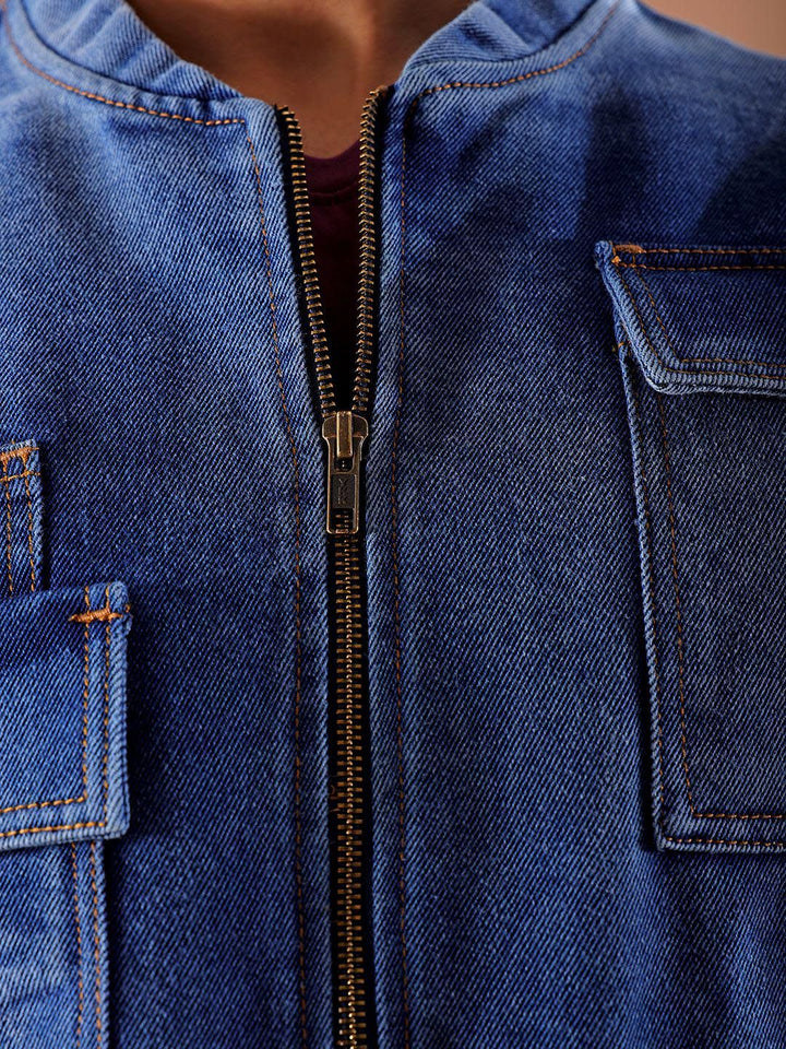The Indian Garage Co Men Washed Outdoor Denim Jacket with Embroidered