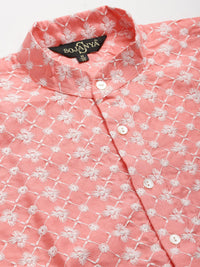 SOJANYA Men Pink & White Embroidered Thread Work Kurta with Churidar & Nehru Jacket