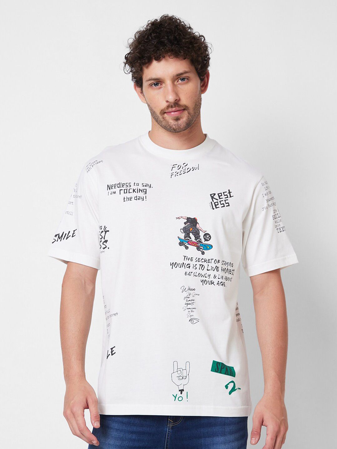 SPYKAR Round Neck Short Sleeves Typography Printed Pure Cotton T-shirt