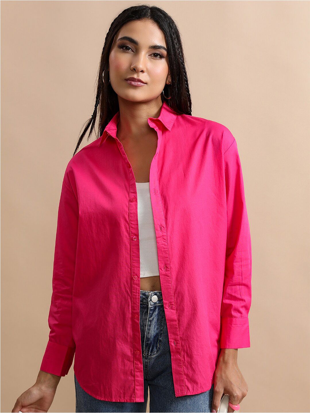 Tokyo Talkies Cutaway Collar Oversized Cotton Casual Shirt