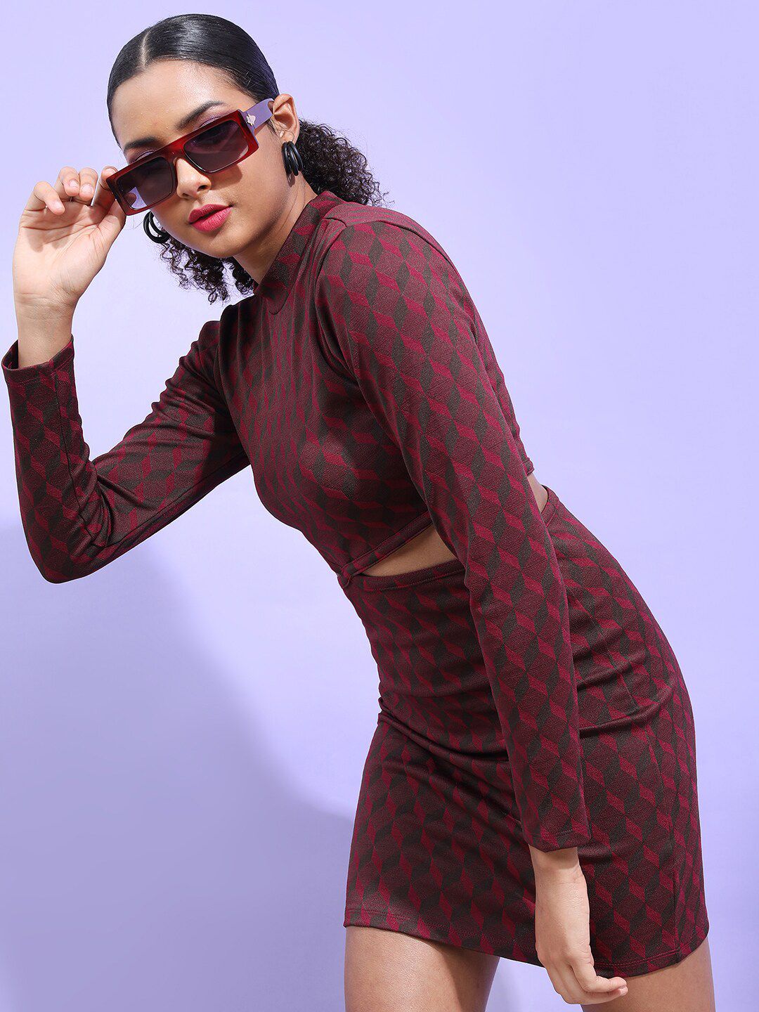 Tokyo Talkies High Neck Cut-outs Jacquard Sheath Dress