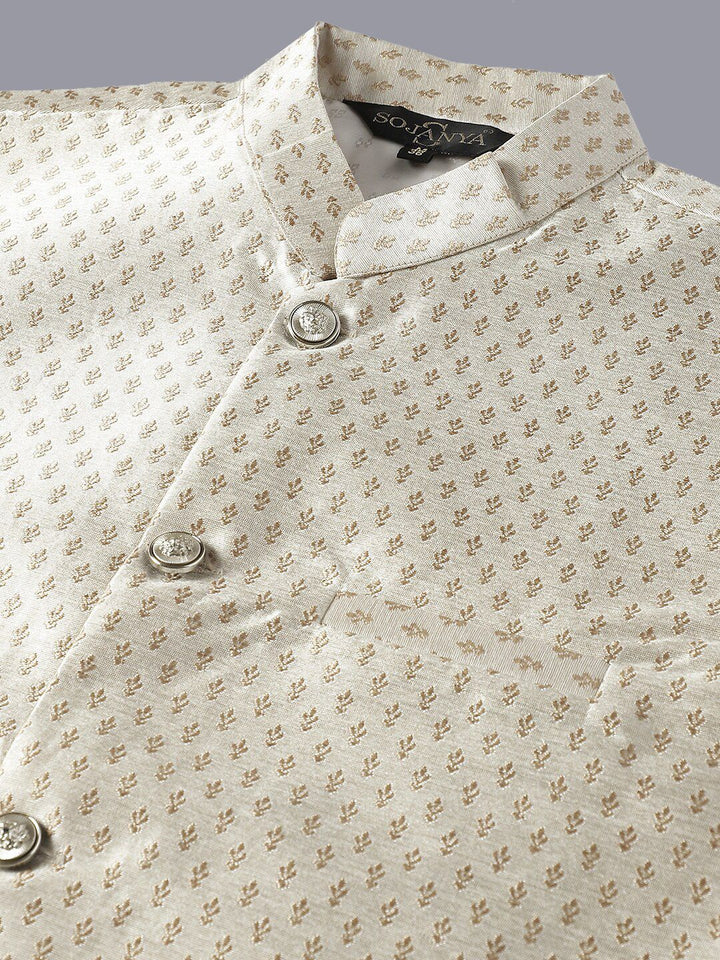 SOJANYA Sequinned Pure Cotton Kurta With Churidar & Ethnic Motifs Embroidered Nehru Jacket