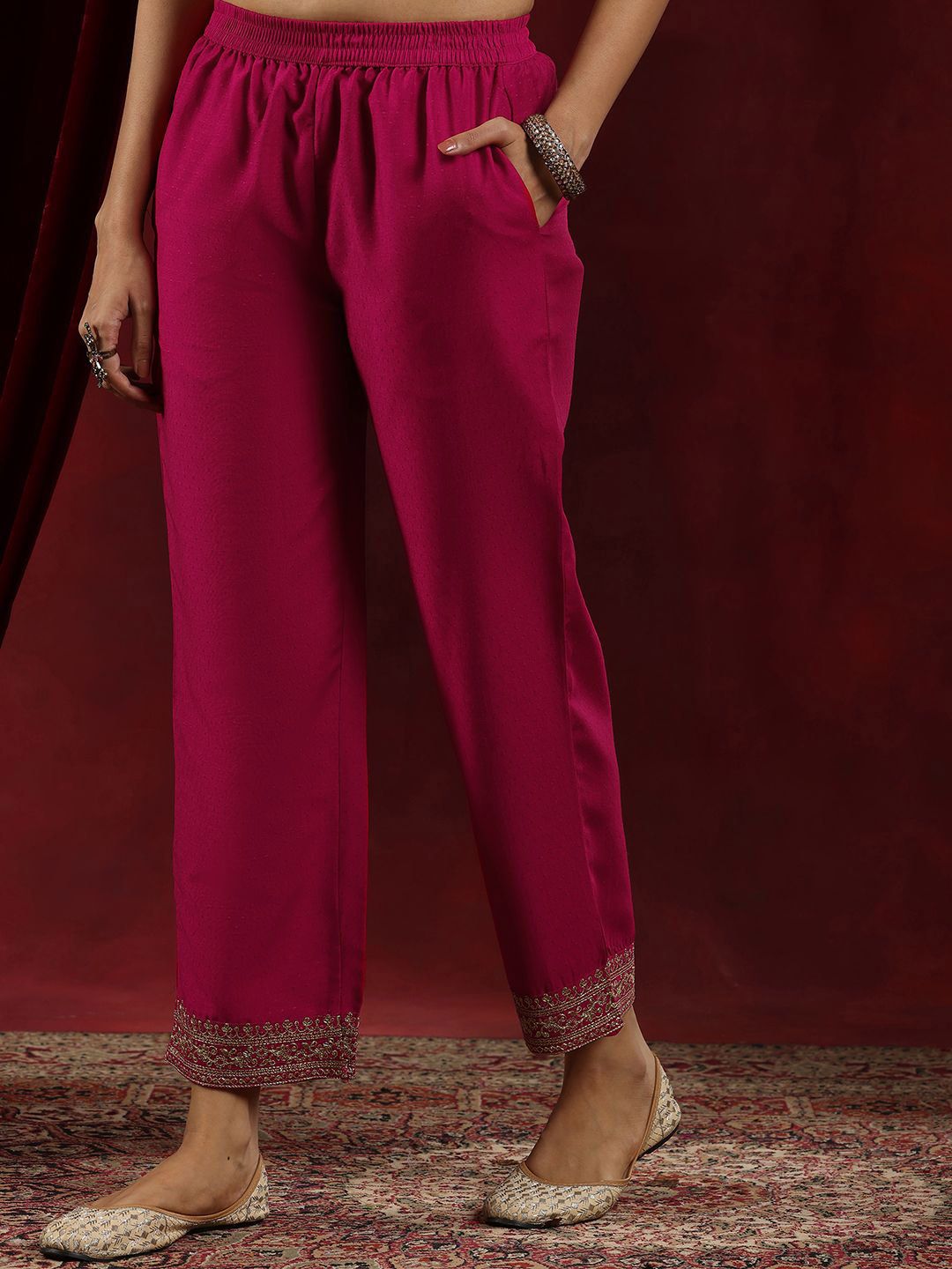 Libas Pink Floral Yoke Design Mandarin Collar Dobby Weave Kurta with Trousers & Dupatta
