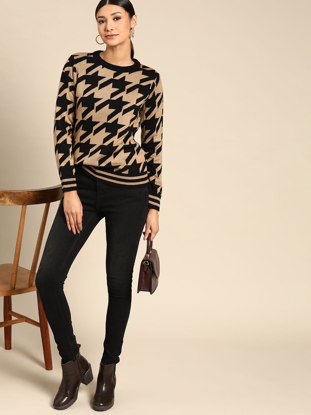 all about you Women Beige & Black Geometric Printed Pullover