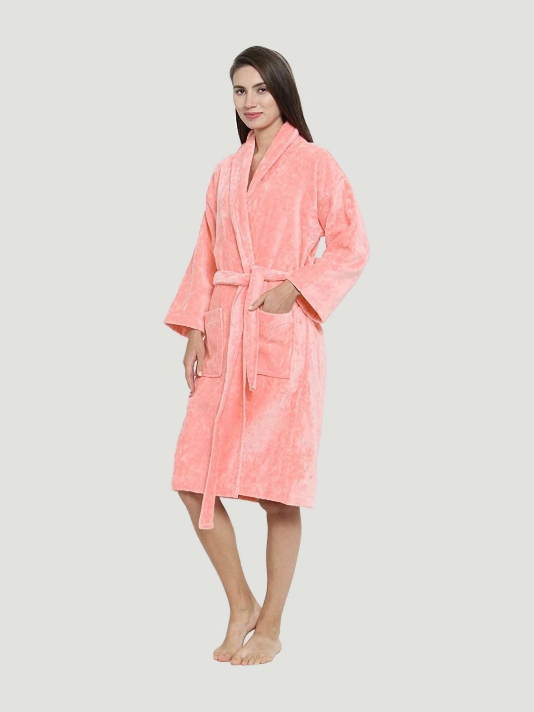 MYTRIDENT Women Peach Pure Cotton Bath Robe