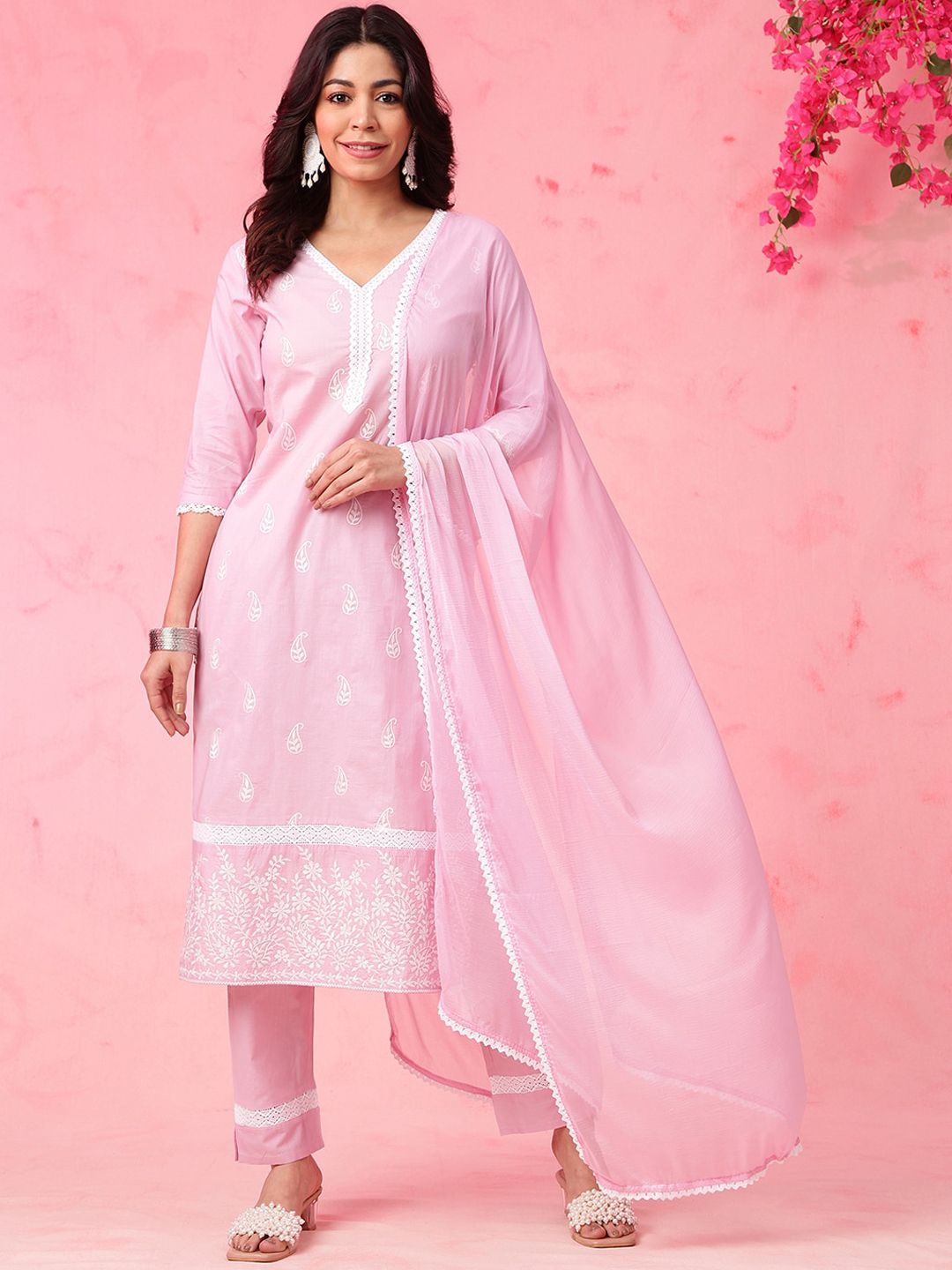 Anouk Pink Paisley Embroidered V-Neck Pure Cotton Straight Kurta with Trousers & Dupatta