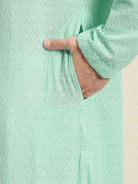 House of Pataudi Men Turquoise Blue Chikankari Embroidered Straight Kurta