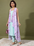 Vishudh Sea Green & Purple Ethnic Motifs Printed Regular Kurta With Trousers & Jacket