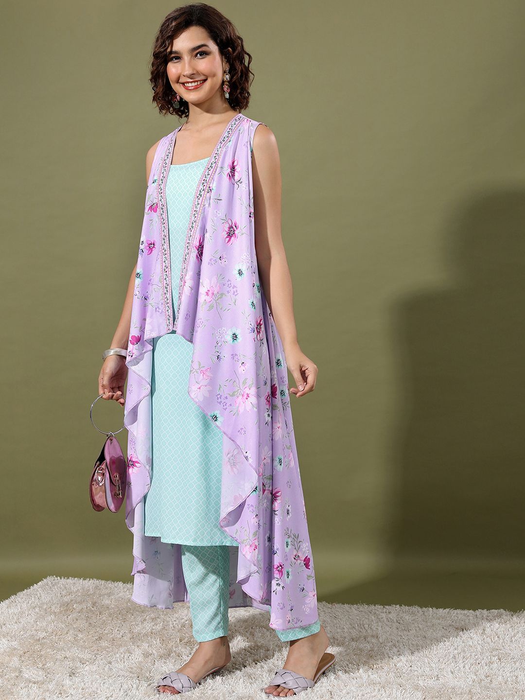 Vishudh Sea Green & Purple Ethnic Motifs Printed Regular Kurta With Trousers & Jacket