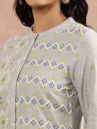 W Grey Geometric Printed Mandarin Collar Straight Kurta with Trousers