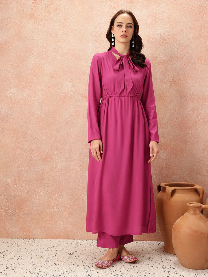 all about you Tie-Up Neck Empire-Style A-Line Kurta with Trousers