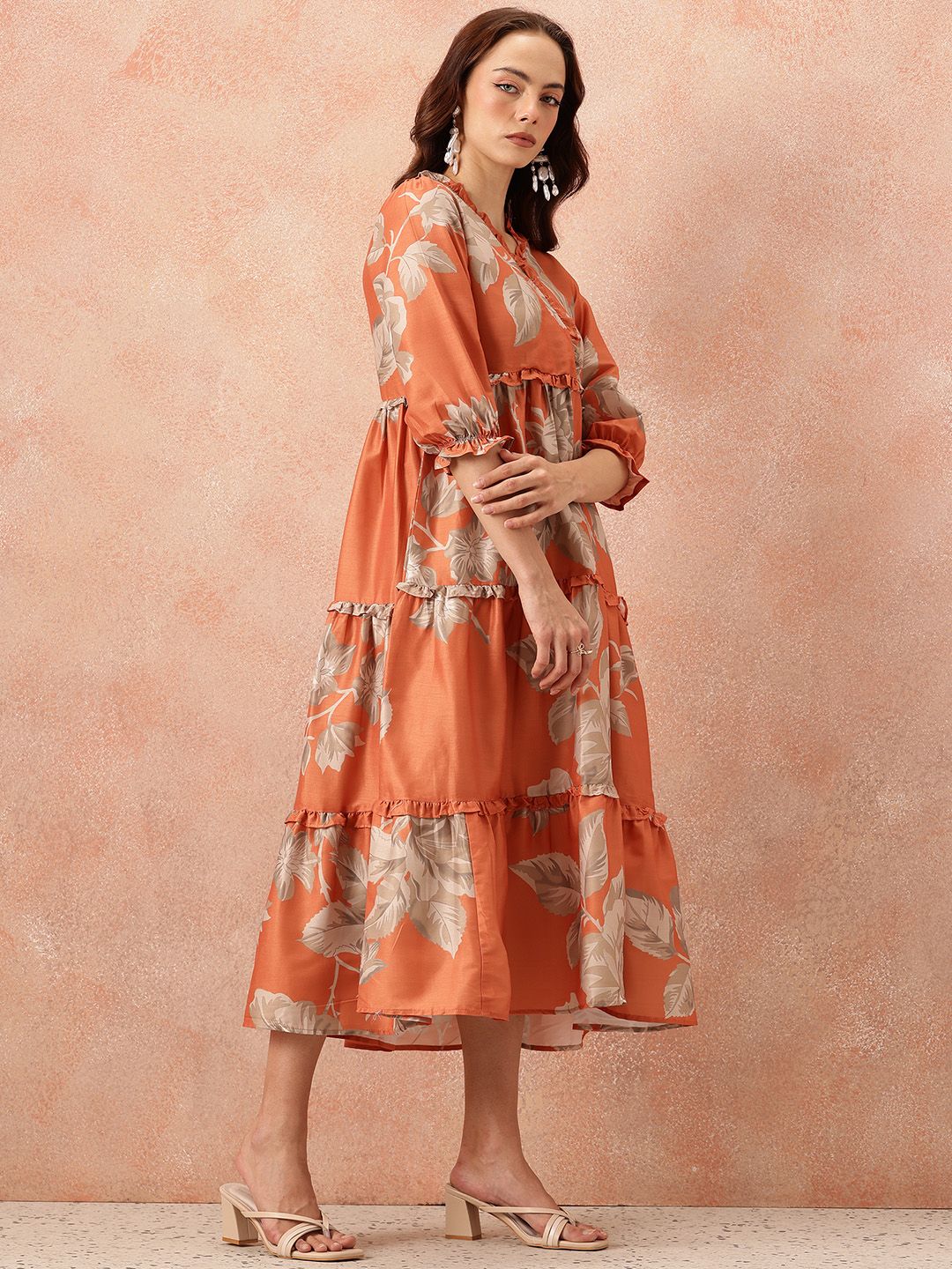 all about you Floral Printed Ruffled Detail Tiered Wrap-Style Midi Fit & Flare Dress
