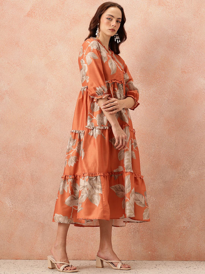 all about you Floral Printed Ruffled Detail Tiered Wrap-Style Midi Fit & Flare Dress
