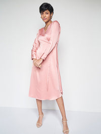 AND V-Neck Long Cuffed Sleeves Midi Dress