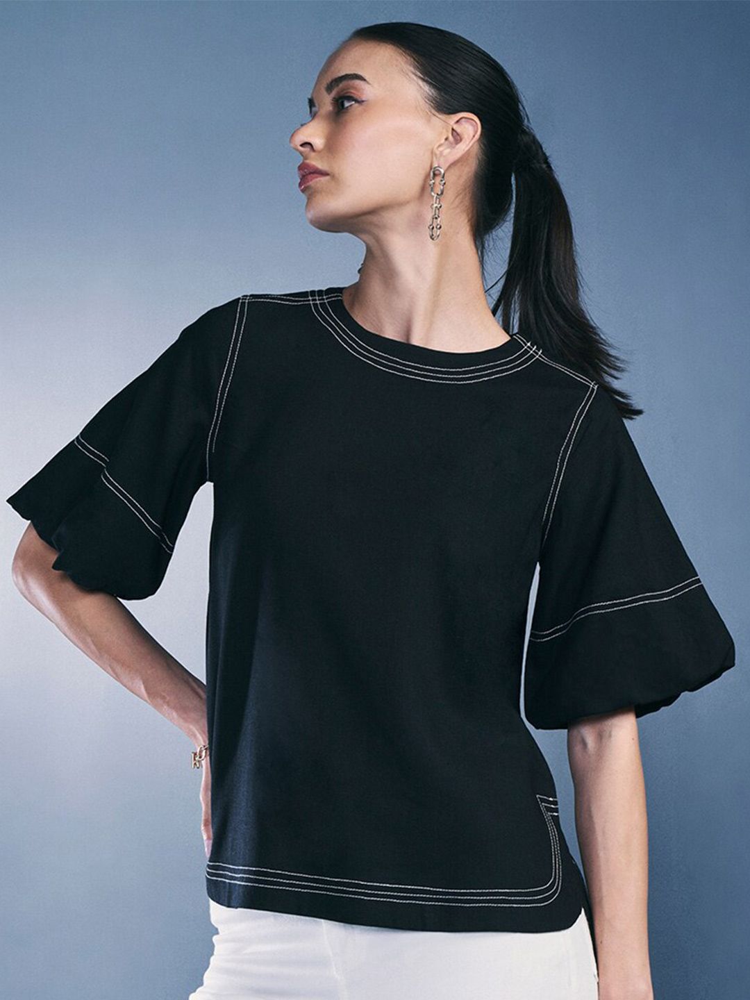 AND Round Neck Flared Sleeves Top