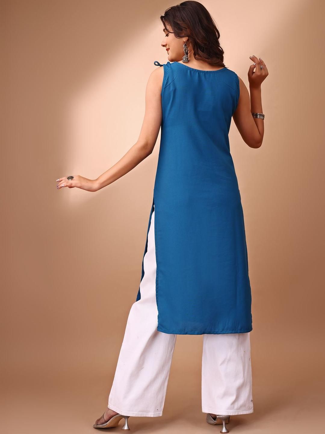 Kalini Women Rayon Patch Work Shouler Strep Summer Sleeveless Kurta