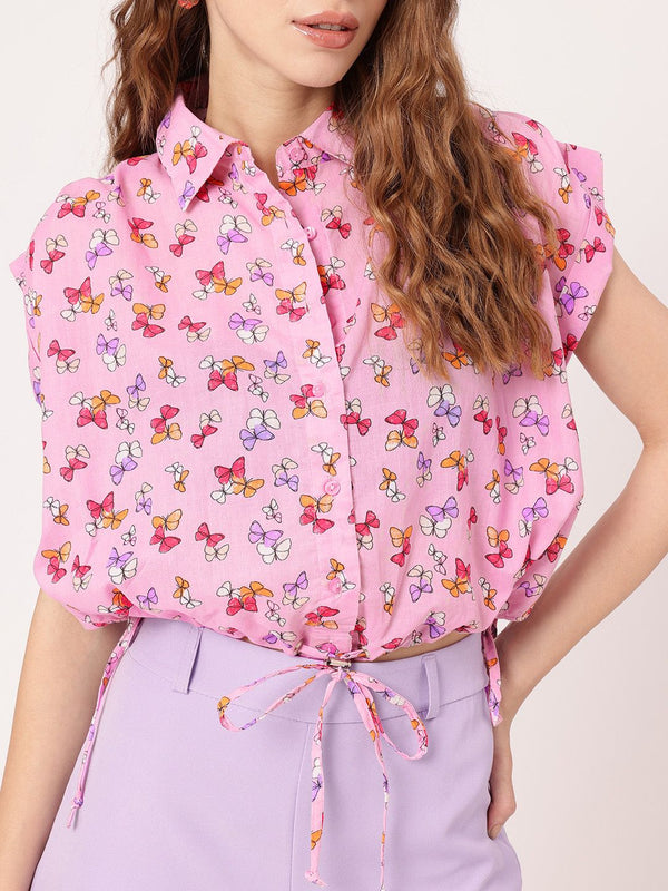 DressBerry Whimsy Fly Printed Shirt Style Crop Top
