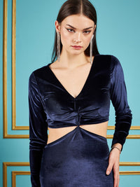 SASSAFRAS Navy Blue V-Neck Cut-Out Detail Velvet Sheath Dress
