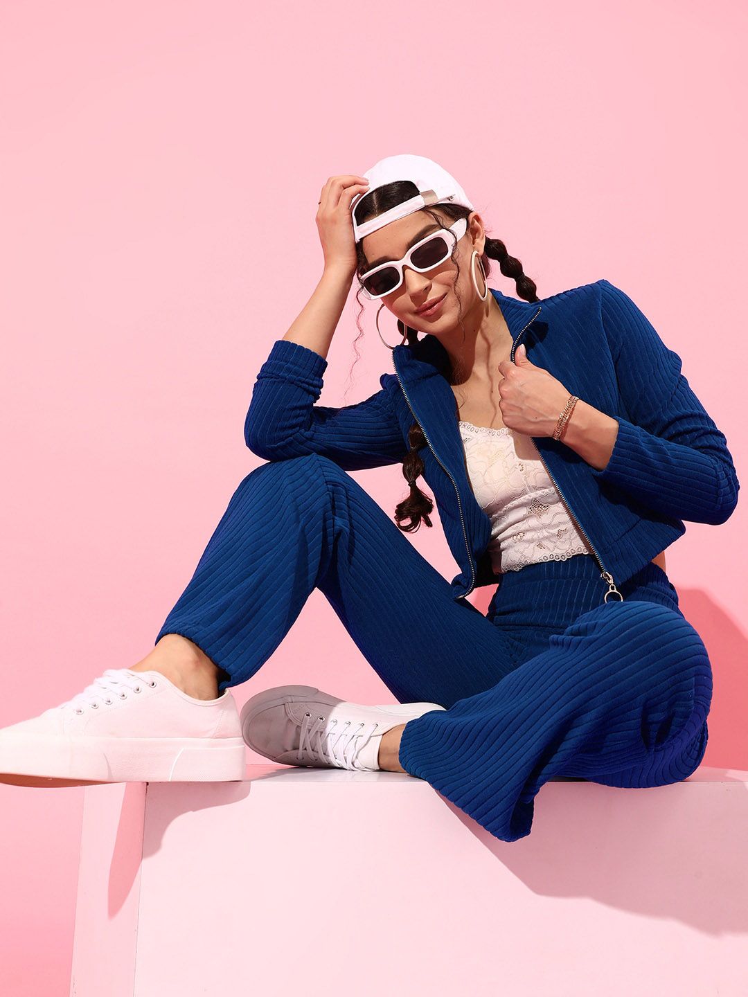 STREET 9 Women Blue Striped Crop Tailored Jacket