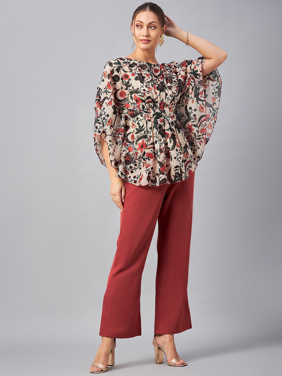 Antheaa Floral Printed Boat Neck Tunic With Trousers