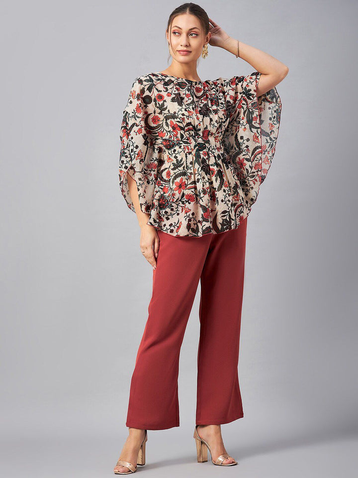 Antheaa Floral Printed Boat Neck Tunic With Trousers