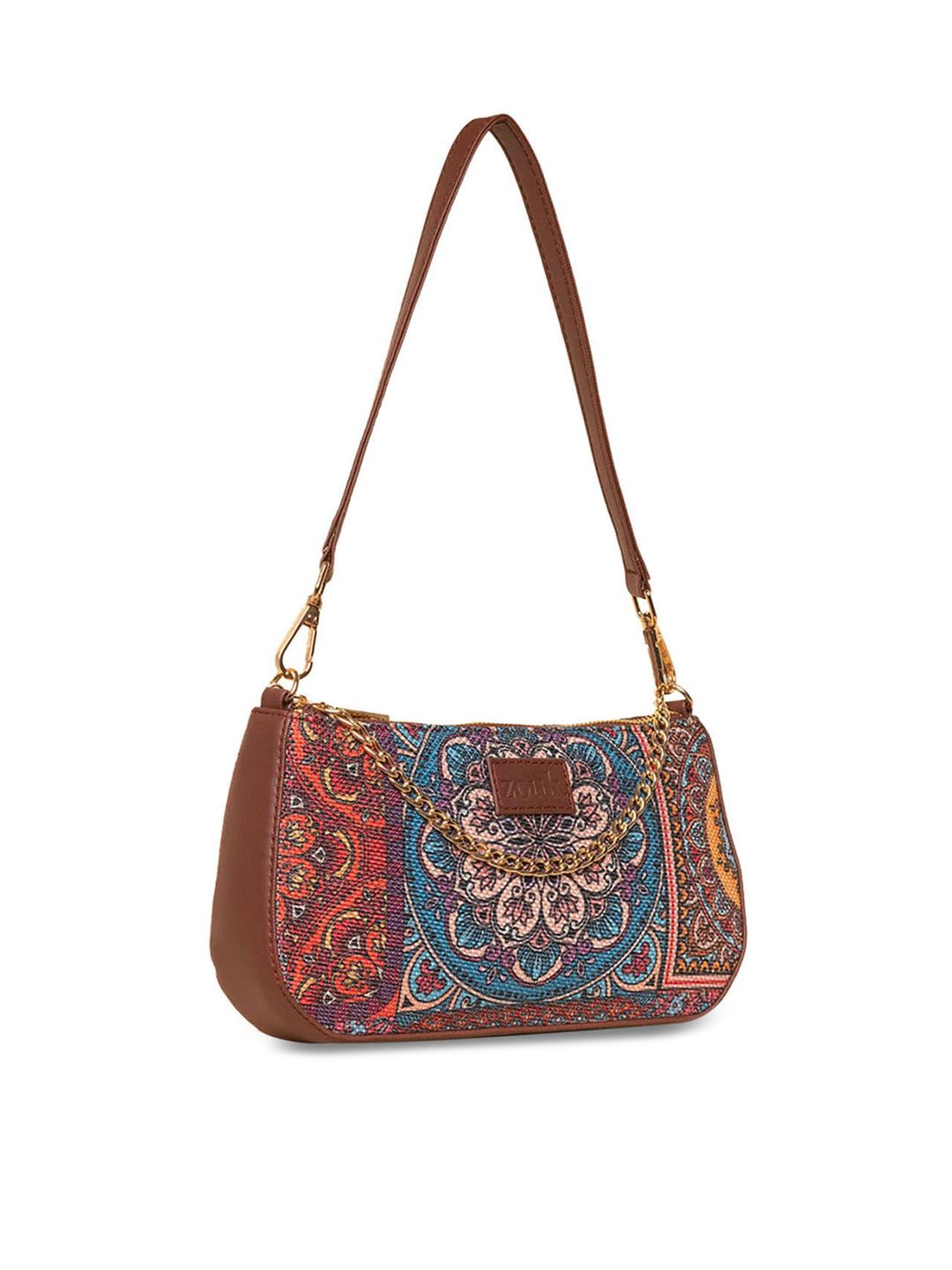 ZOUK Ethnic Motifs Printed Structured Baguette Bag Handbags