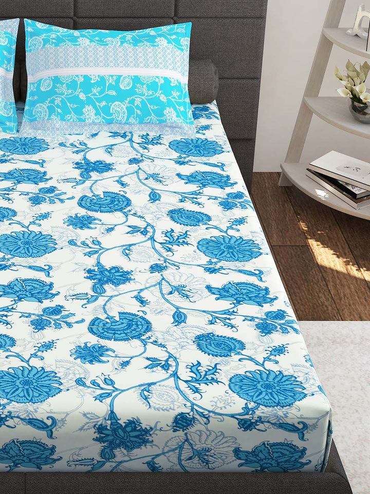 Story@home Blue White Floral Cotton 144 TC Queen Bedsheet With 2 Pillow Covers