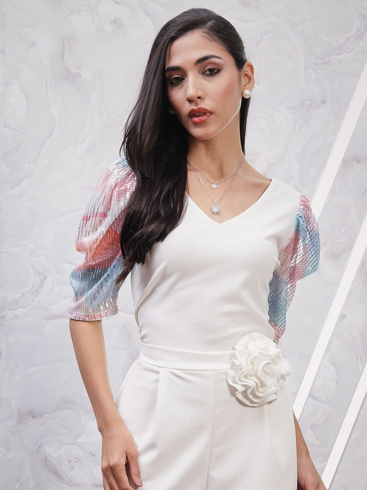 Athena White V-Neck Puff Sleeve Top