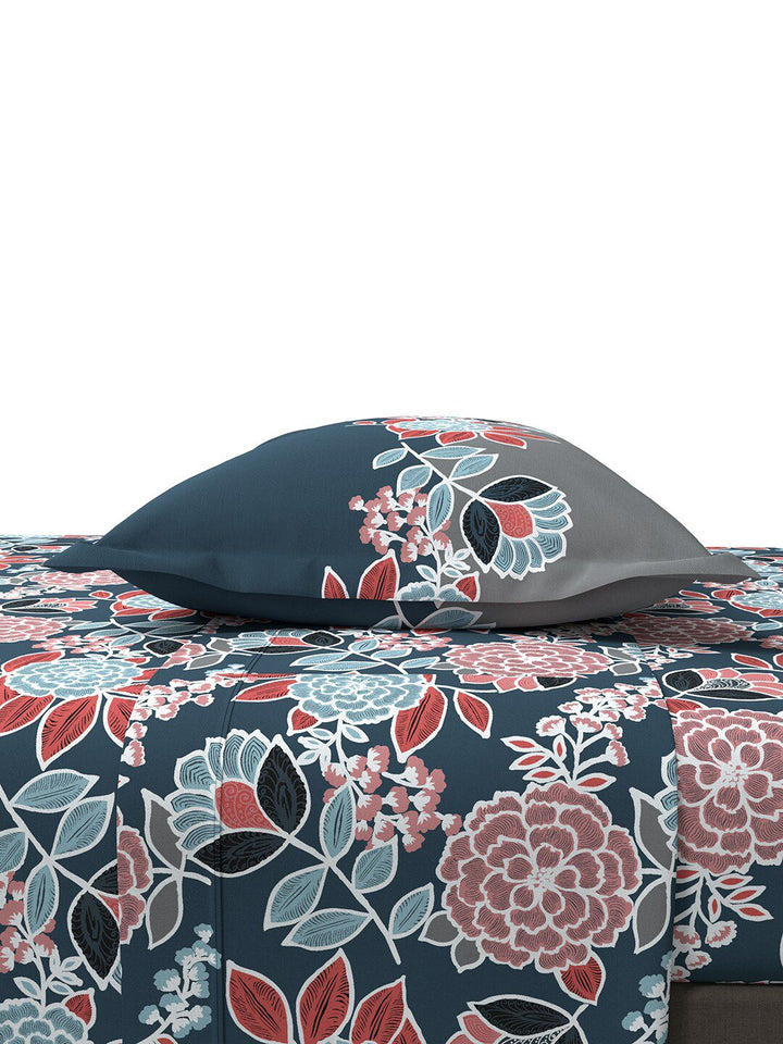 MYTRIDENT Blue  Green Floral Pure Cotton 144 TC Queen Bedsheet With 2 Pillow Covers