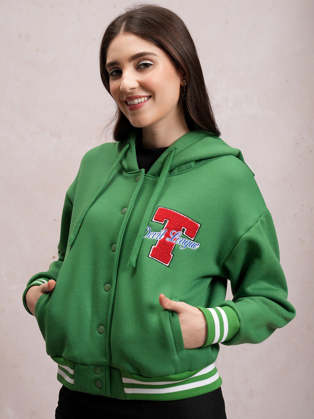 Tokyo Talkies Women Green Varsity Jacket