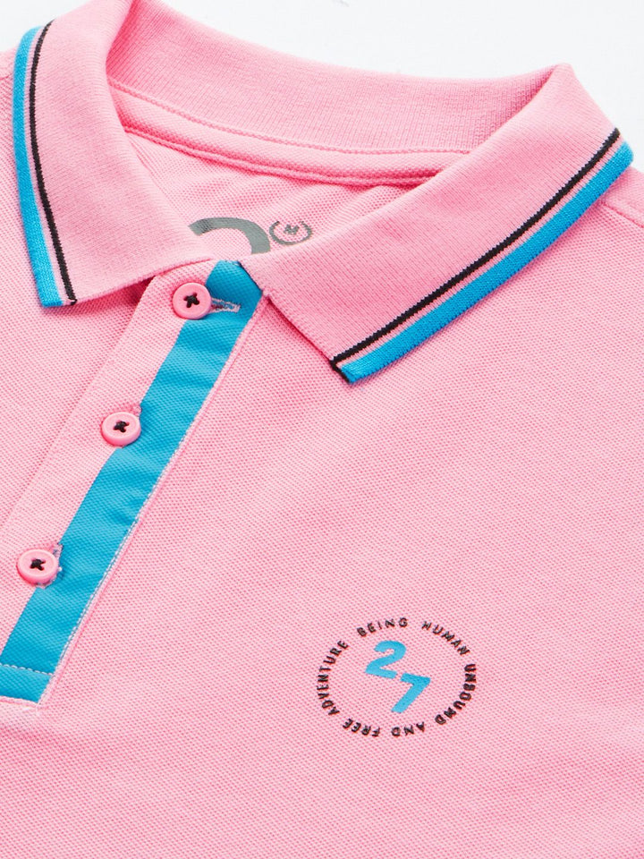 Being Human Men Pink Solid Polo Collar Pure Cotton Slim Fit T-shirt With Brand Logo Print