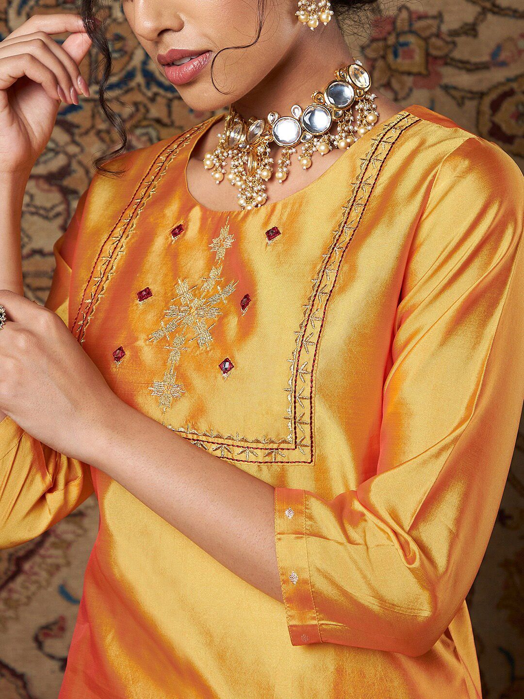Shae by SASSAFRAS Women Mustard Yellow Ethnic Motifs Embroidered Thread Work Kurta with Palazzos
