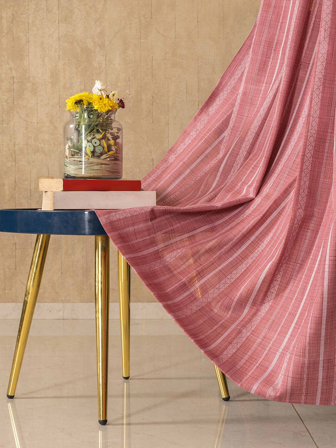 URBAN SPACE Pink & White 2 Pieces Embroidered Sheer Window Curtain