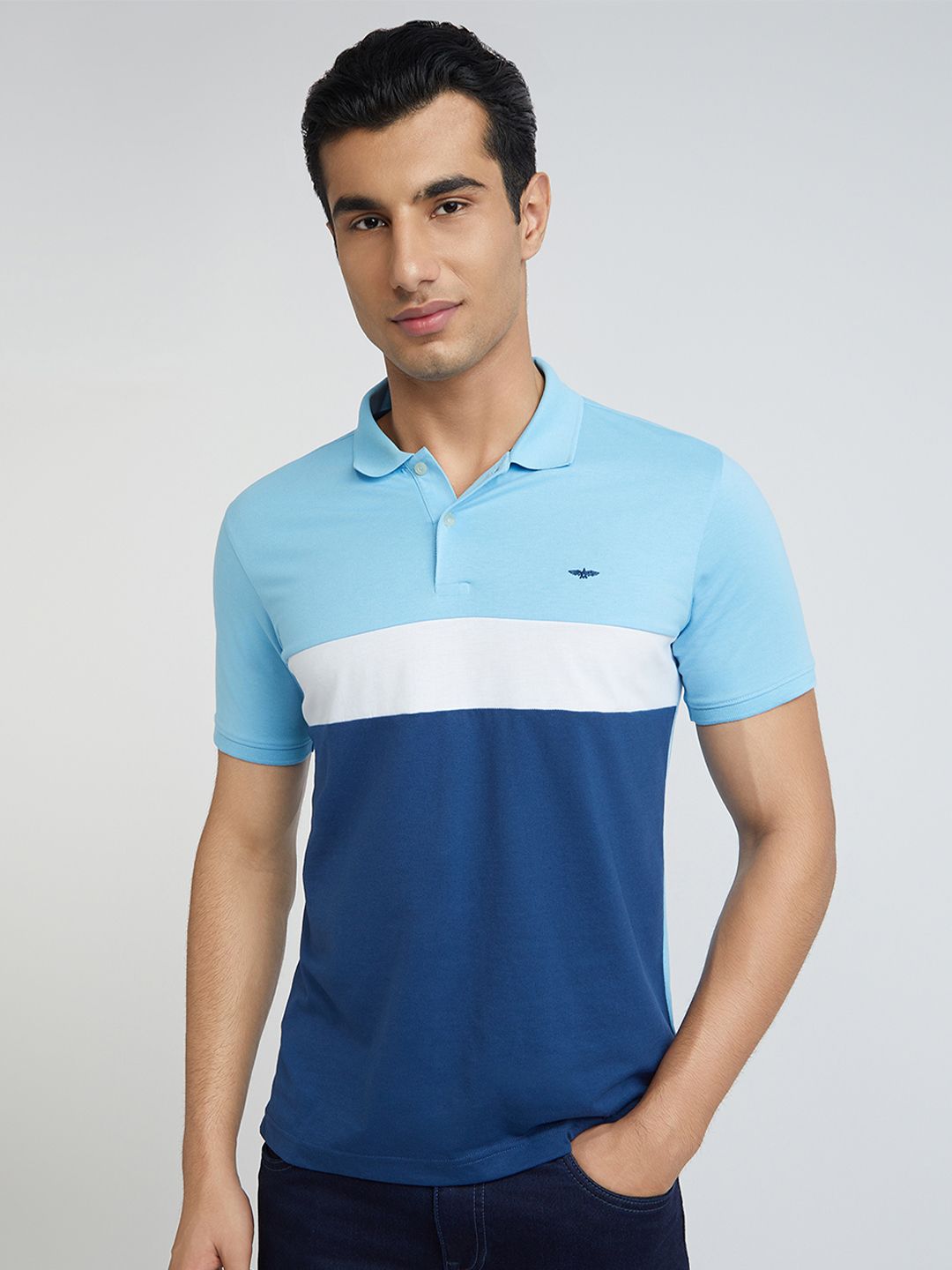 Park Avenue Men Blue & White Colourblocked Polo Collar Slim Fit T-shirt