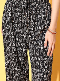 Berrylush Women Classic Black Floral Roman Column Trousers
