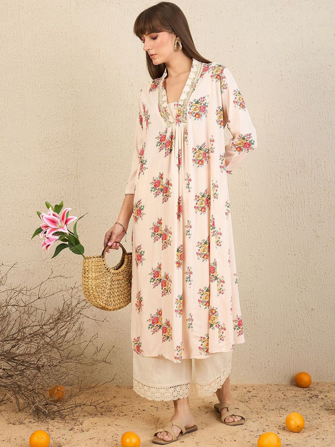Indo Era White Floral Embroidered V-Neck Zari Panelled A-Line Kurta