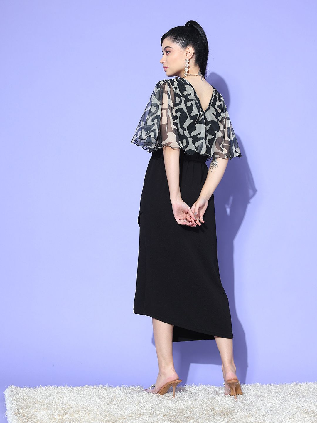 Antheaa Printed Flared Sleeve A-Line Midi Dress