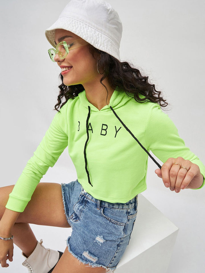 SASSAFRAS Women Fluorescent Green Solid Hooded Cropped Sweatshirt