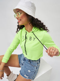 SASSAFRAS Women Fluorescent Green Solid Hooded Cropped Sweatshirt