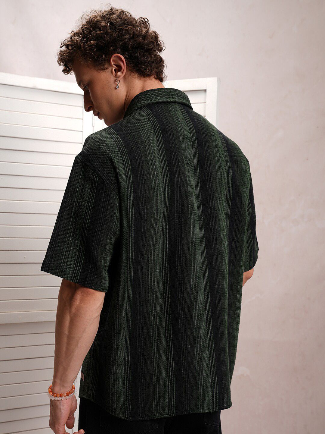 LOCOMOTIVE Premium Fit Striped Dobby Textured Drop-Shoulder Sleeves Oversized Shirt
