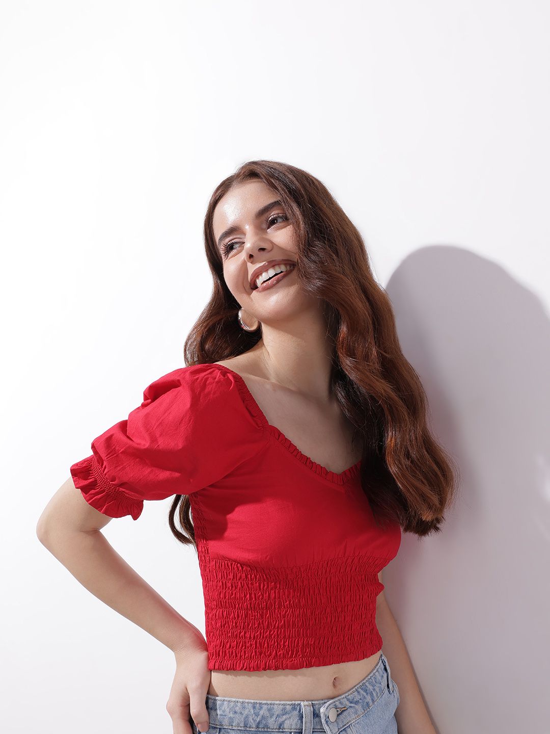 DressBerry Cherry Red Date Night Diva Smocked Crop Top