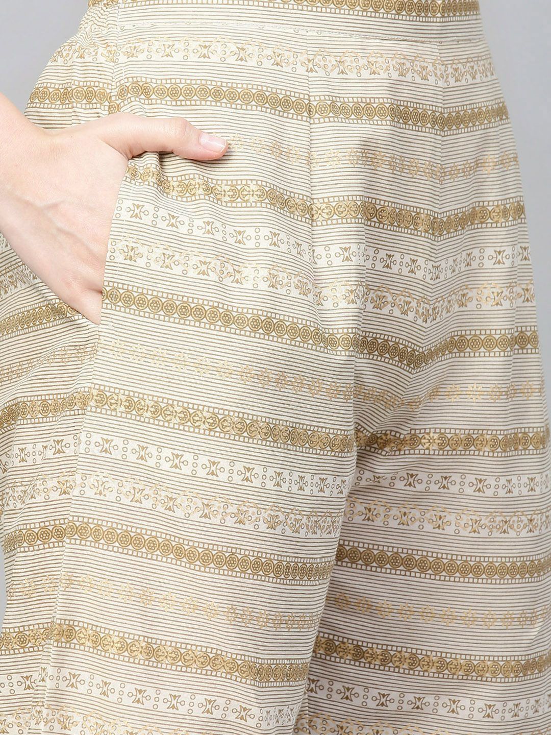 Indo Era Muted Dandelion Ethnic Stripes Keyhole Kurta Set with Stole
