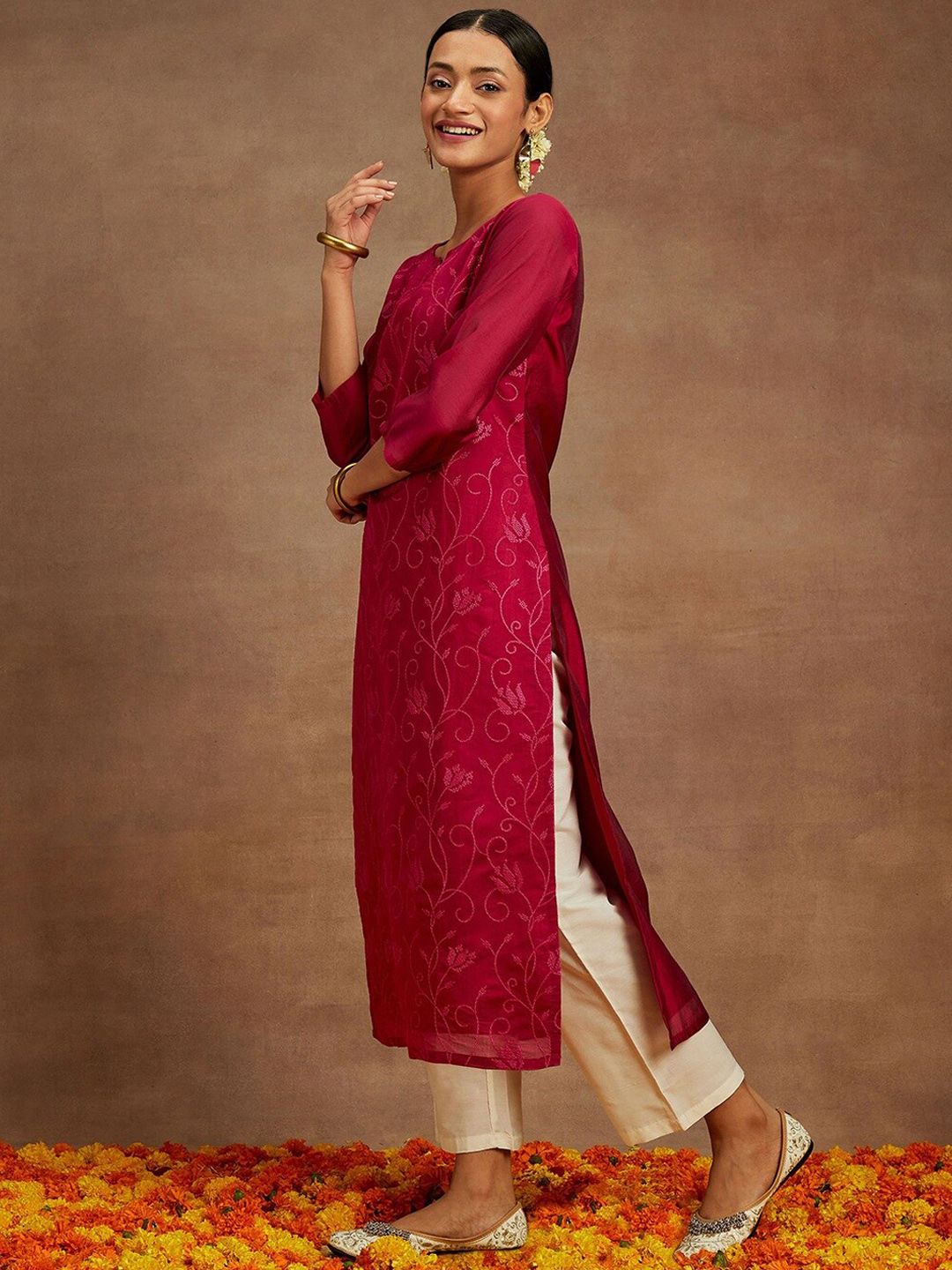 Libas Floral Printed Thread Work Chanderi Silk Kurta