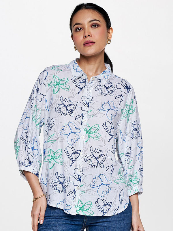 AND Floral Printed Cuffed Sleeves Shirt Style Top
