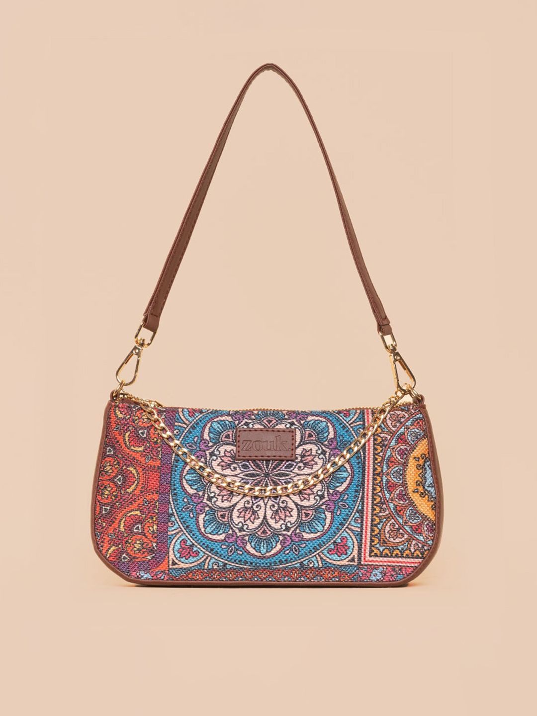 ZOUK Ethnic Motifs Printed Structured Baguette Bag Handbags