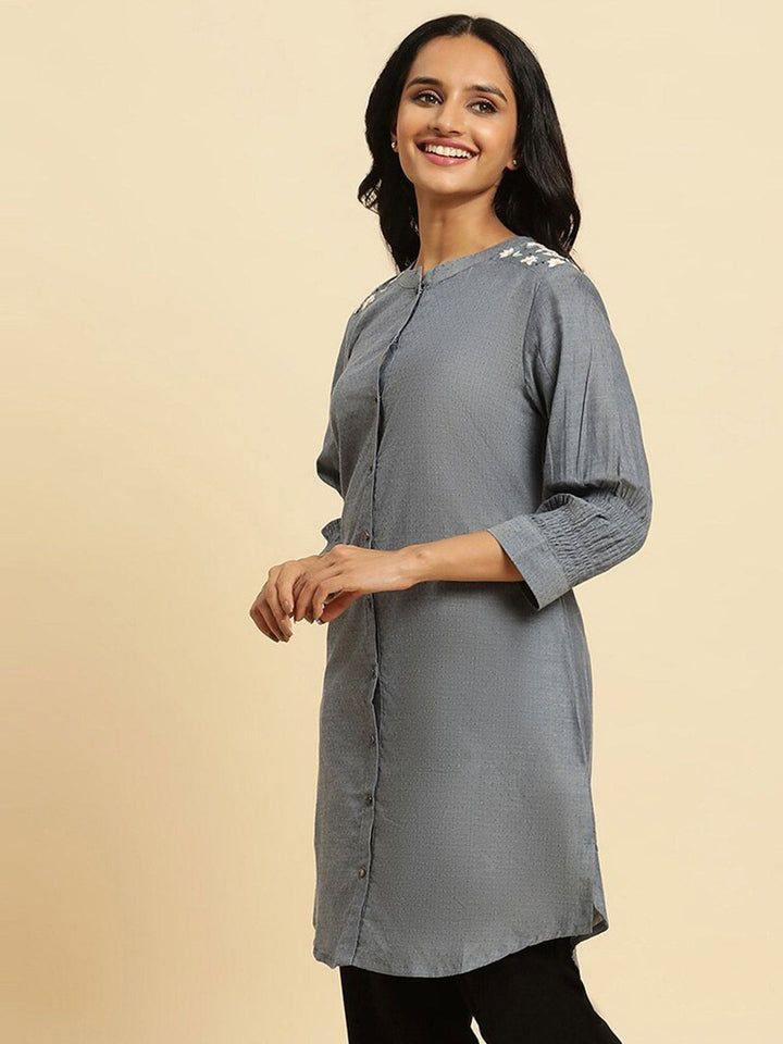 W Grey Floral Woven Design Mandarin Collar Pure Cotton A-Line kurta