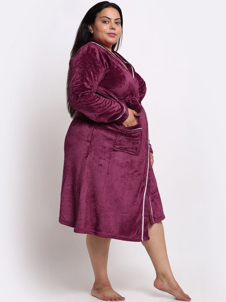 KLOTTHE Plus Size Long Sleeved Wool Bath Robe With Belt