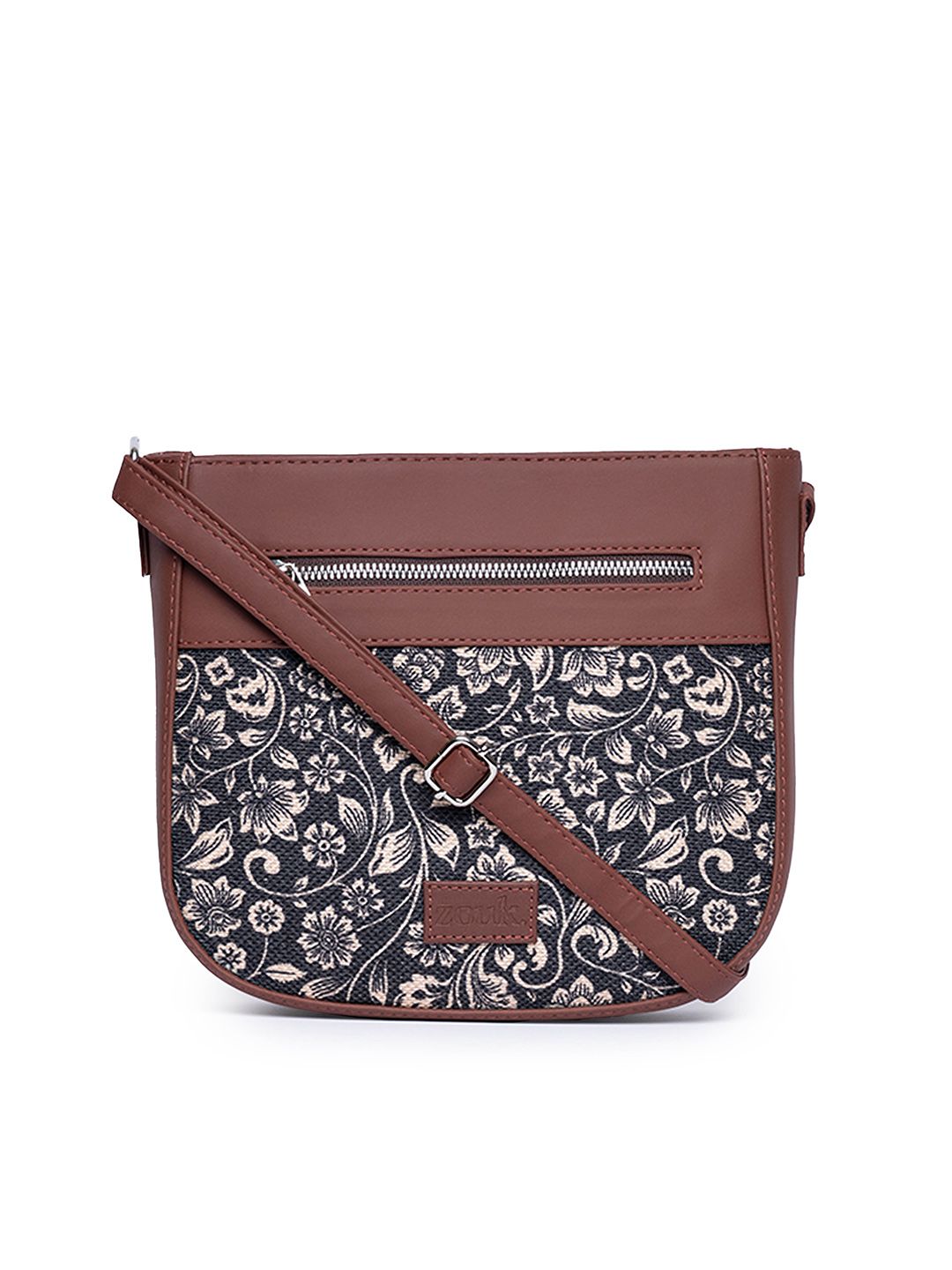 ZOUK Women Black & Brown Floral Printed Structured Sling Bag