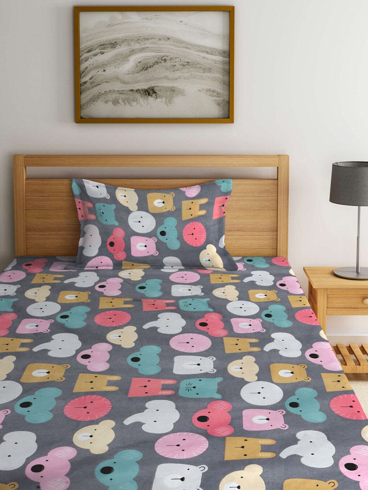 KLOTTHE Grey & Pink-Printed 300TC Fitted Single Bedsheet With 1 Pillow Cover