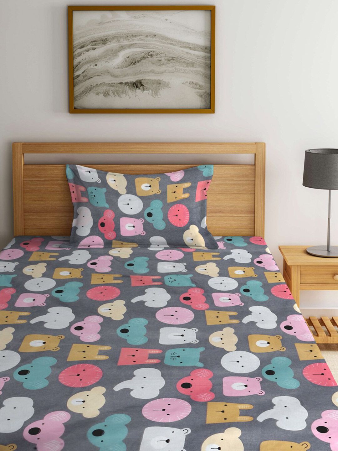 KLOTTHE Grey & Pink-Printed 300TC Fitted Single Bedsheet With 1 Pillow Cover